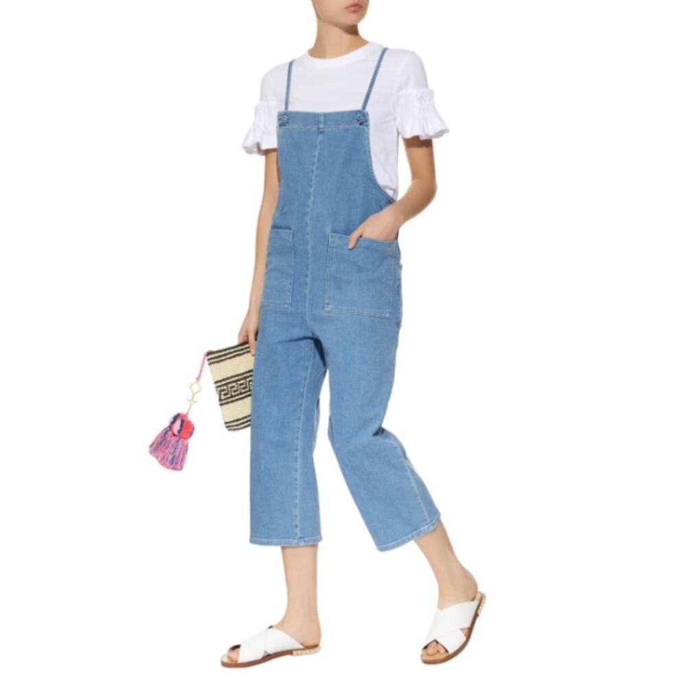 Maje Jumpsuit 36 Pinaro Tie Strap Denim Crop Overalls Relaxed Fit Blue Casual